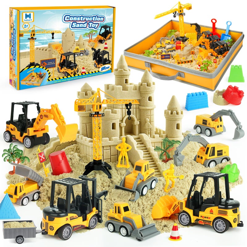 Helsort Sand Construction Site Kit 37 Pcs Play Sand Art Kit with 8 Construction Trucks Folding Sandbox 22 lbs Magic Sand Crane Worker Road Signs Molds Shovel Ideal Toys for Boys Girls Age 3 - Image 2