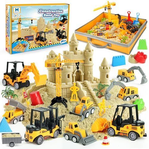 Helsort Sand Construction Site Kit 37 Pcs Play Sand Art Kit with 8 Construction Trucks Folding Sandbox 22 lbs Magic Sand Crane Worker Road Signs Molds Shovel Ideal Toys for Boys Girls Age 3 - Image 1