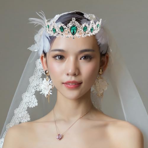 FRCOLOR Princess Crown for Women, Green Crystal Tiara Crown for Women, Rhinestone Queen Crowns Wedding Tiaras Crowns Headband for Birthday Halloween Party(Green) - Image 3