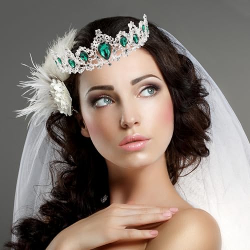 FRCOLOR Princess Crown for Women, Green Crystal Tiara Crown for Women, Rhinestone Queen Crowns Wedding Tiaras Crowns Headband for Birthday Halloween Party(Green) - Image 2