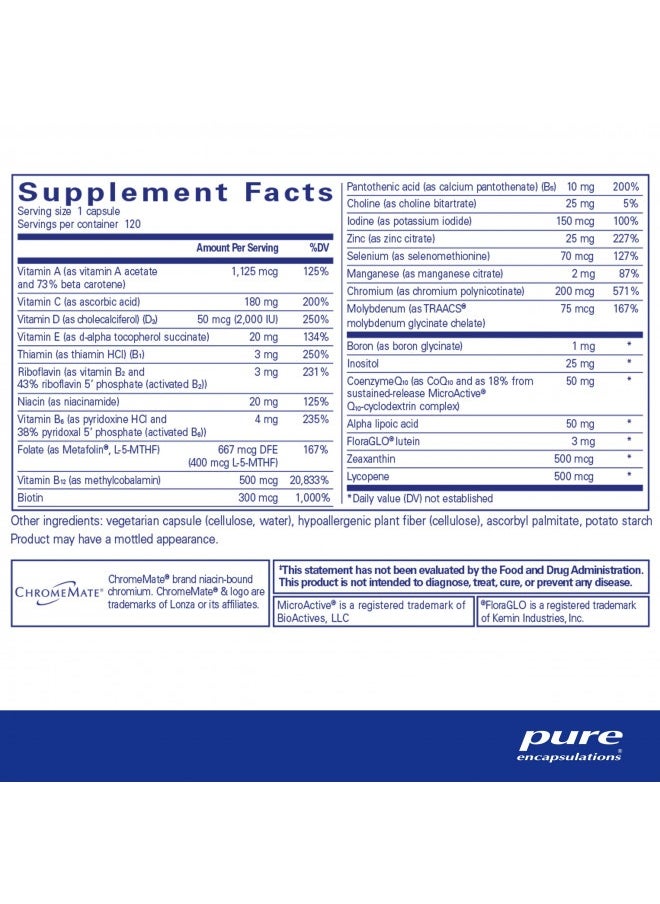 Pure Encapsulations - Pure Encapsulations O.N.E. Multivitamin - Once Daily Multivitamin with Antioxidant Complex Metafolin, CoQ10, and Lutein to Support Vision, Cognitive Function, and Cellular Health* - 120 Capsules - Image 1