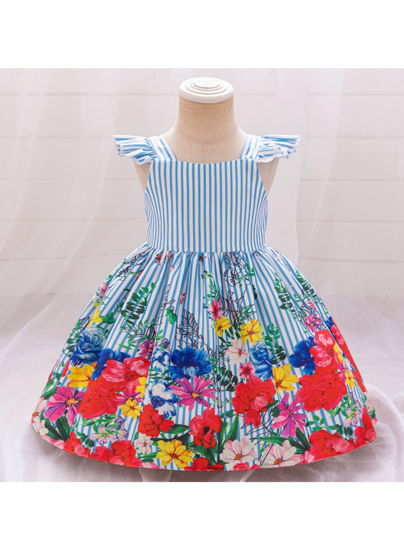 2-3Y Baby Girl Toddler Girl Summer Dress, Blue Striped Bodice with Colorful Floral Print Skirt, Flutter Sleeves, Perfect for Eid, Outdoor Events, Family Photos  - Image 2