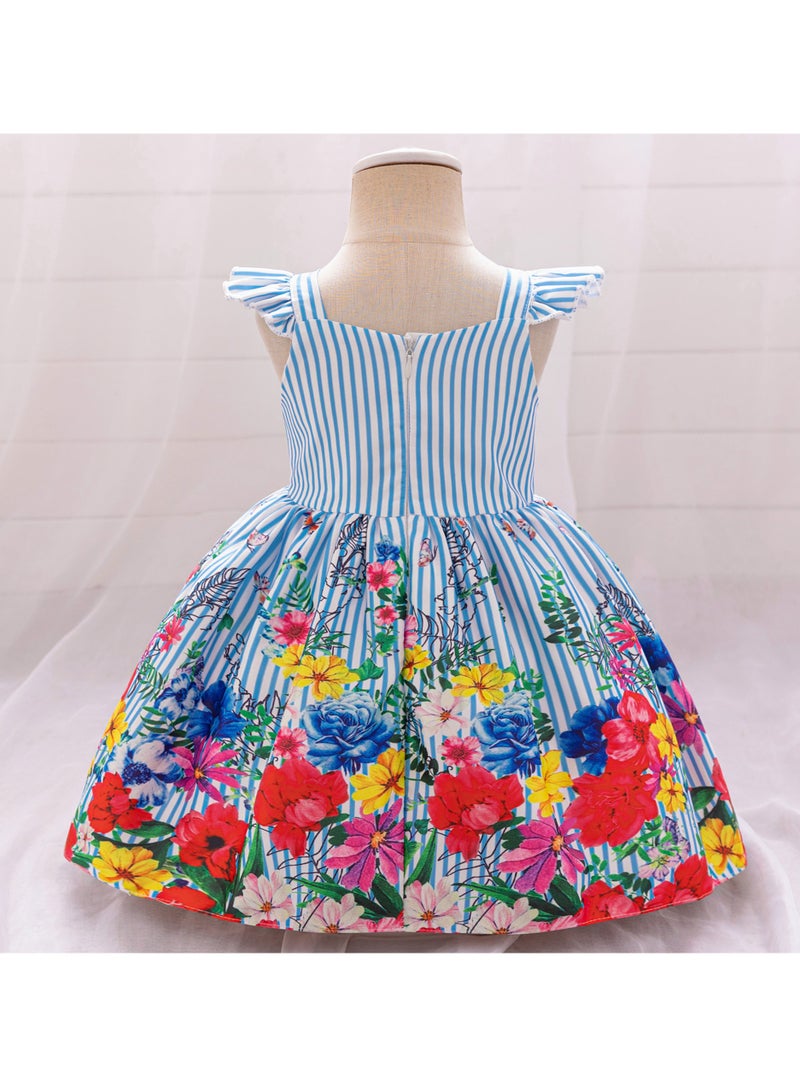2-3Y Baby Girl Toddler Girl Summer Dress, Blue Striped Bodice with Colorful Floral Print Skirt, Flutter Sleeves, Perfect for Eid, Outdoor Events, Family Photos  - Image 3
