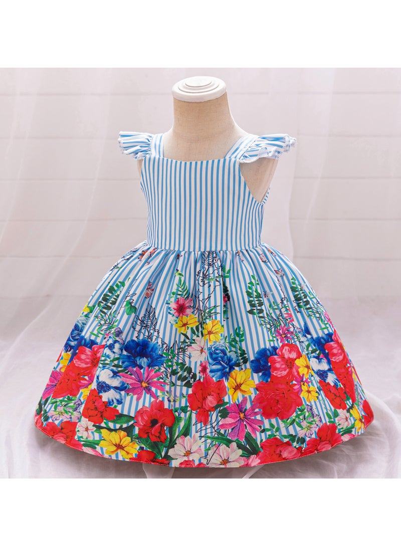 2-3Y Baby Girl Toddler Girl Summer Dress, Blue Striped Bodice with Colorful Floral Print Skirt, Flutter Sleeves, Perfect for Eid, Outdoor Events, Family Photos  - Image 1
