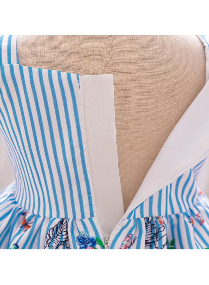 2-3Y Baby Girl Toddler Girl Summer Dress, Blue Striped Bodice with Colorful Floral Print Skirt, Flutter Sleeves, Perfect for Eid, Outdoor Events, Family Photos  - Image 5