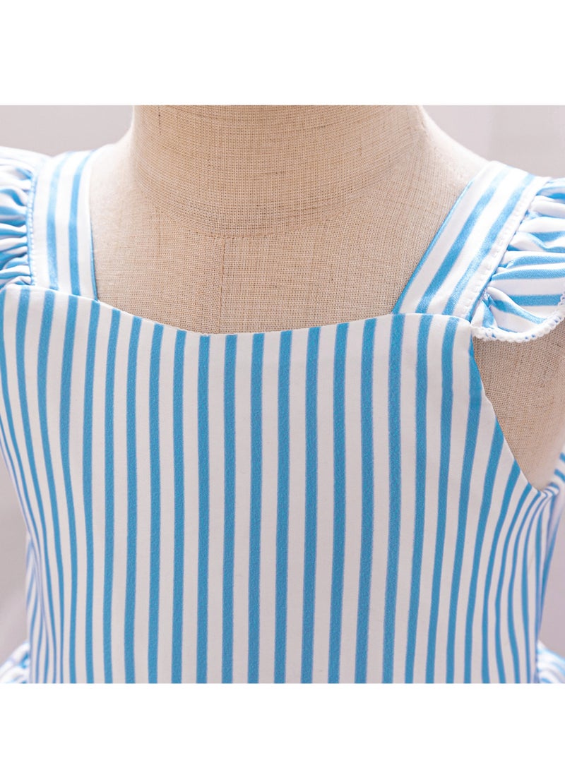 2-3Y Baby Girl Toddler Girl Summer Dress, Blue Striped Bodice with Colorful Floral Print Skirt, Flutter Sleeves, Perfect for Eid, Outdoor Events, Family Photos  - Image 4