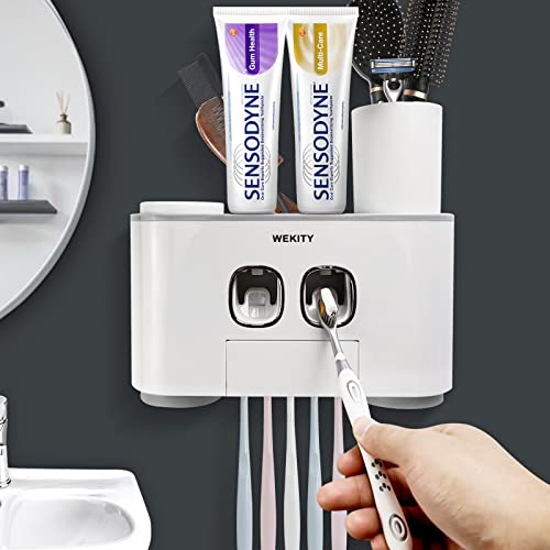 Wekity Toothbrush Holder Wall Mounted WEKITY MultiFunctional Toothbrush and Toothpaste Dispenser for Bathroom with 5 Toothbrush Slots 2 Toothpaste Squeezers and 4 CupsGrey - Image 1