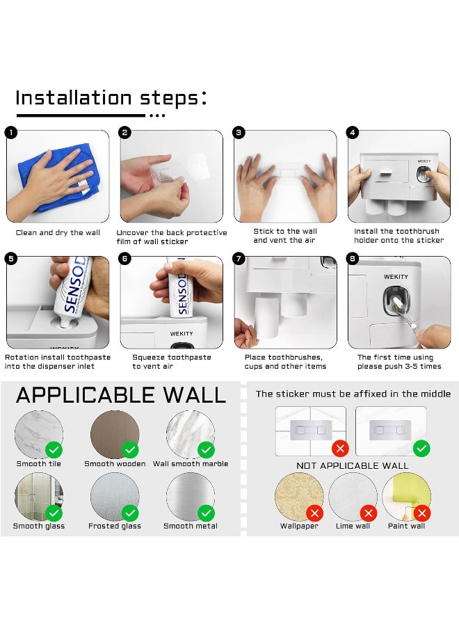 Wekity Toothbrush Holder Wall Mounted WEKITY MultiFunctional Toothbrush and Toothpaste Dispenser for Bathroom with 5 Toothbrush Slots 2 Toothpaste Squeezers and 4 CupsGrey - Image 2