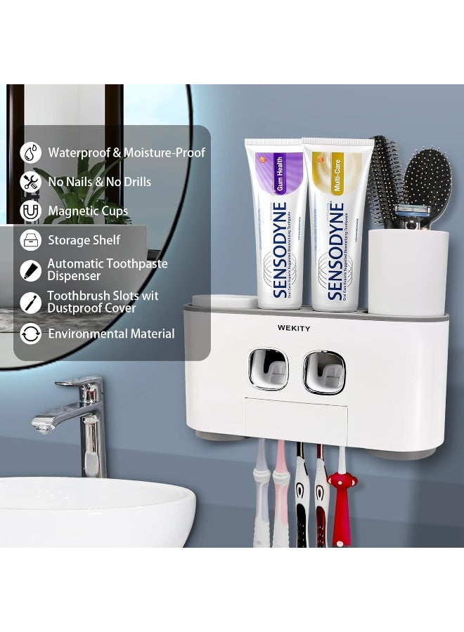 Wekity Toothbrush Holder Wall Mounted WEKITY MultiFunctional Toothbrush and Toothpaste Dispenser for Bathroom with 5 Toothbrush Slots 2 Toothpaste Squeezers and 4 CupsGrey - Image 5