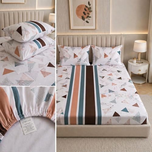 Castiqa Elastic Fitted Supersoft Premium Brushed Cotton 200TC Double Bedsheets King Size 78x72 Inch with 2 Pillow Covers (Fits Upto Mattress of 8 Inches) (Green White Triangle) - Image 2