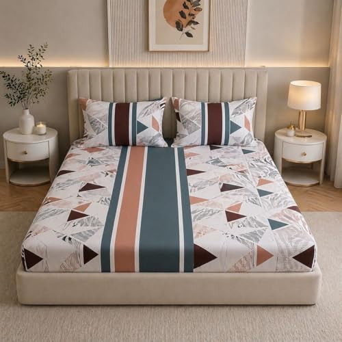 Castiqa Elastic Fitted Supersoft Premium Brushed Cotton 200TC Double Bedsheets King Size 78x72 Inch with 2 Pillow Covers (Fits Upto Mattress of 8 Inches) (Green White Triangle) - Image 1