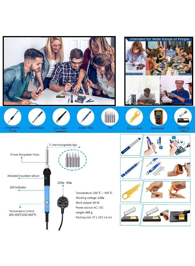 Soldering Iron Kit 60W Adjustable Temperature Welding Tool, Digital Multimeter, 2pcs Soldering Iron Tips, Desoldering Pump, Wire Stripper, Tweezers, Iron Stand, 2pcs Electronic Wire - Image 5