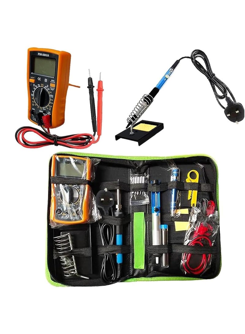 Soldering Iron Kit 60W Adjustable Temperature Welding Tool, Digital Multimeter, 2pcs Soldering Iron Tips, Desoldering Pump, Wire Stripper, Tweezers, Iron Stand, 2pcs Electronic Wire - Image 1