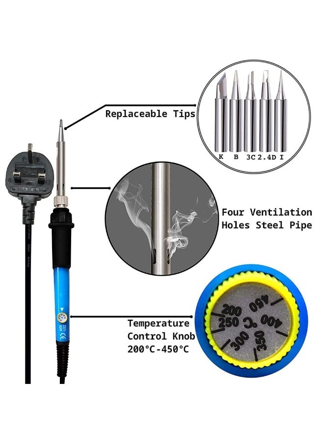 Soldering Iron Kit 60W Adjustable Temperature Welding Tool, Digital Multimeter, 2pcs Soldering Iron Tips, Desoldering Pump, Wire Stripper, Tweezers, Iron Stand, 2pcs Electronic Wire - Image 4