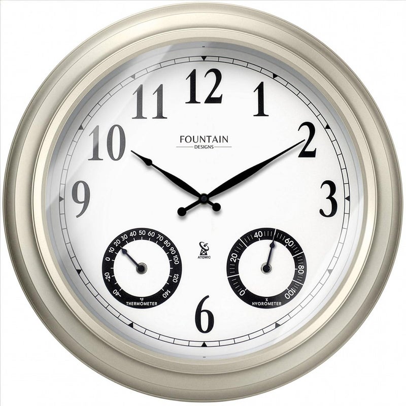 FOUNTAIN DESIGNS 20 Evander Outdoor Atomic Clock with Thermometer Hygrometer 3 in 1 Weather Stations Large Wall Clocks for Living Room DecorModern Farmhouse Home Decor Morning Silver
