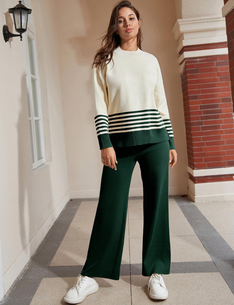 Tanming Women's Lounge Sets 2 Piece Outfits Knitted Pullover Sweater Tops Wide Leg Pants Tracksuit (Green-S) - Image 2