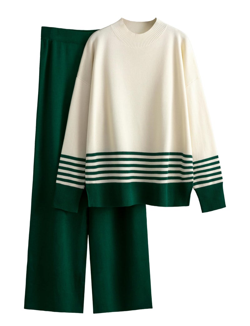 Tanming Women's Lounge Sets 2 Piece Outfits Knitted Pullover Sweater Tops Wide Leg Pants Tracksuit (Green-S) - Image 1