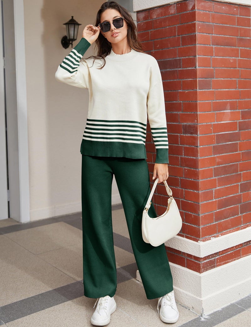 Tanming Women's Lounge Sets 2 Piece Outfits Knitted Pullover Sweater Tops Wide Leg Pants Tracksuit (Green-S) - Image 3