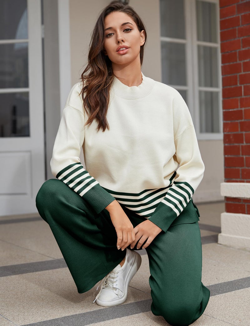 Tanming Women's Lounge Sets 2 Piece Outfits Knitted Pullover Sweater Tops Wide Leg Pants Tracksuit (Green-S) - Image 5