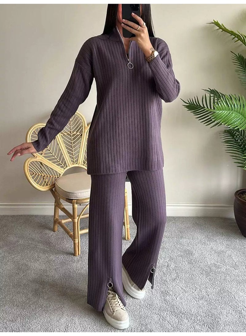 general 2025-2026 Autumn-Winter Women's Solid Color Zip Knit Set with High Neck and Plaid Linen Homewear Set of Two Pieces - Image 1