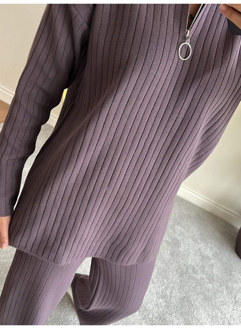 general 2025-2026 Autumn-Winter Women's Solid Color Zip Knit Set with High Neck and Plaid Linen Homewear Set of Two Pieces - Image 2