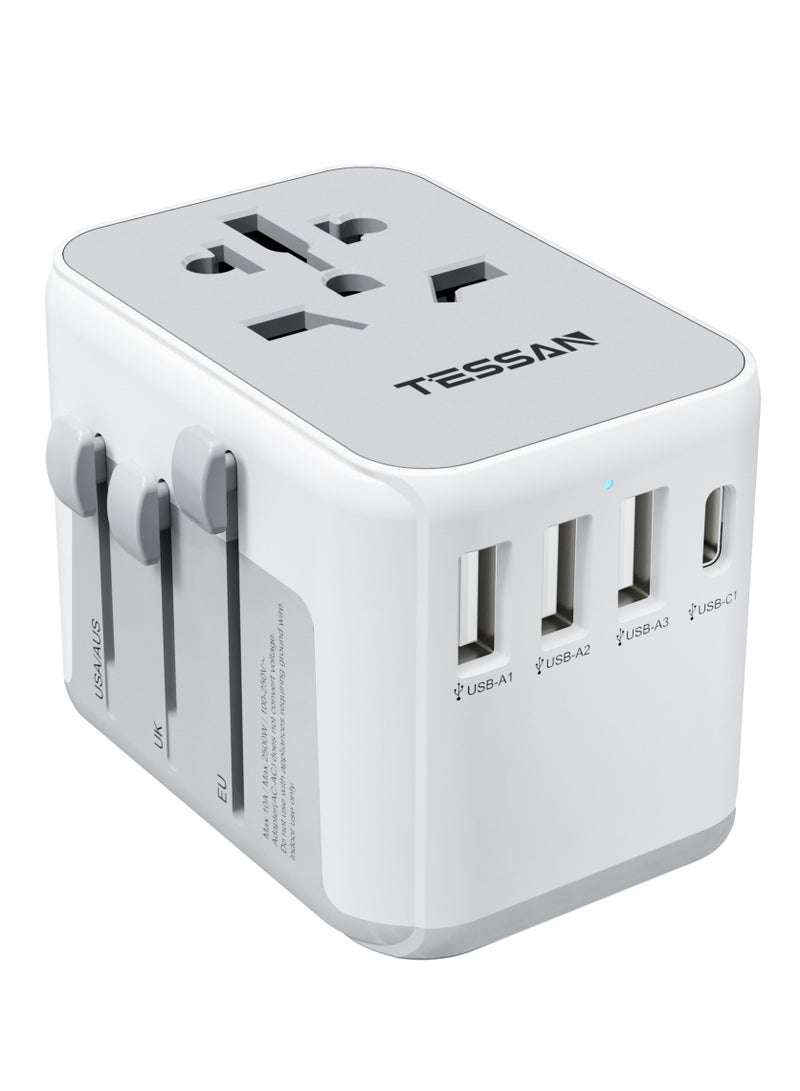 تيسان محول قابس دولي، محول سفر عالمي مزود بـ 4 منافذ USB (1 USB C)، شاحن حائط أساسي للسفر في جميع أنحاء العالم من الولايات المتحدة الأمريكية إلى أوروبا وفرنسا وألمانيا وإسبانيا وأيرلندا وأستراليا (النوع C/G/A/I) محول قابس عالمي 5 في 1 من TESSAN، محطة شحن للمنزل والمكاتب واللوازم المدرسية، أبيض - Image 1
