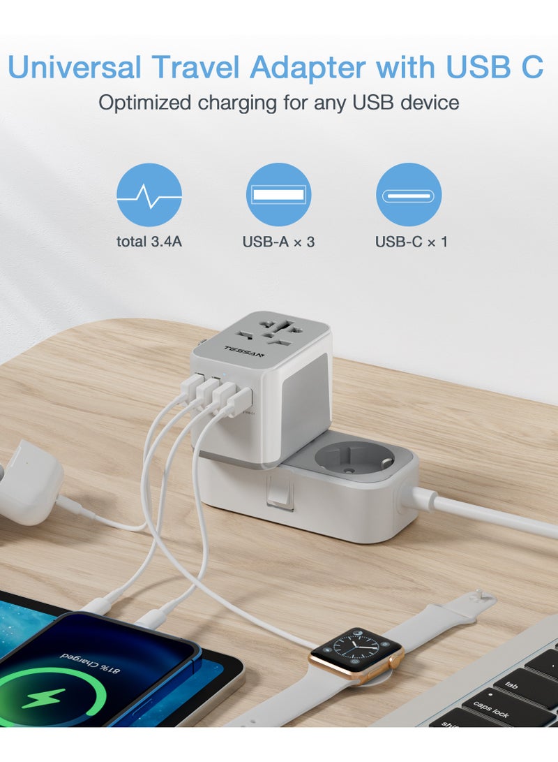 تيسان محول قابس دولي، محول سفر عالمي مزود بـ 4 منافذ USB (1 USB C)، شاحن حائط أساسي للسفر في جميع أنحاء العالم من الولايات المتحدة الأمريكية إلى أوروبا وفرنسا وألمانيا وإسبانيا وأيرلندا وأستراليا (النوع C/G/A/I) محول قابس عالمي 5 في 1 من TESSAN، محطة شحن للمنزل والمكاتب واللوازم المدرسية، أبيض - Image 2
