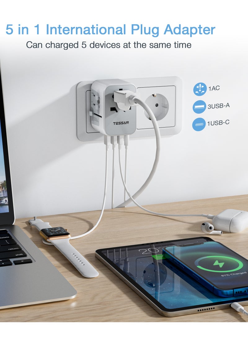 تيسان محول قابس دولي، محول سفر عالمي مزود بـ 4 منافذ USB (1 USB C)، شاحن حائط أساسي للسفر في جميع أنحاء العالم من الولايات المتحدة الأمريكية إلى أوروبا وفرنسا وألمانيا وإسبانيا وأيرلندا وأستراليا (النوع C/G/A/I) محول قابس عالمي 5 في 1 من TESSAN، محطة شحن للمنزل والمكاتب واللوازم المدرسية، أبيض - Image 3