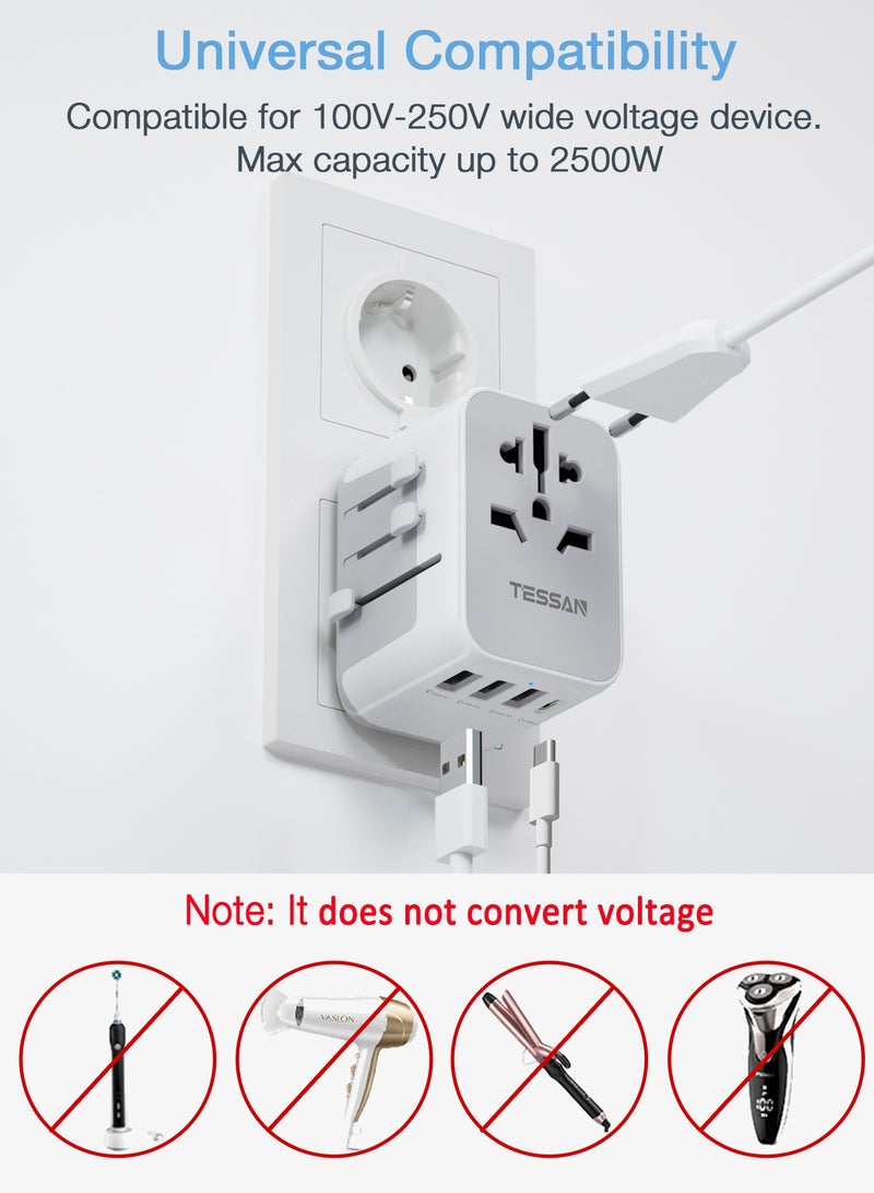 تيسان محول قابس دولي، محول سفر عالمي مزود بـ 4 منافذ USB (1 USB C)، شاحن حائط أساسي للسفر في جميع أنحاء العالم من الولايات المتحدة الأمريكية إلى أوروبا وفرنسا وألمانيا وإسبانيا وأيرلندا وأستراليا (النوع C/G/A/I) محول قابس عالمي 5 في 1 من TESSAN، محطة شحن للمنزل والمكاتب واللوازم المدرسية، أبيض - Image 5