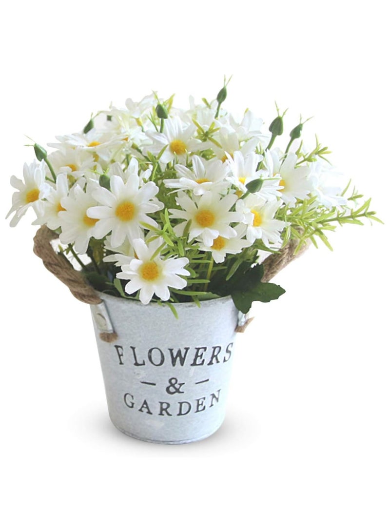 Artificial Flowers with Vase, Artificial Flowers in Pots, Fake Plants With Metal Pot, Plastic Flower, with Vintage Metal Bucket, Beautiful Decoration, for Wedding, Office, Home (White) - Image 1