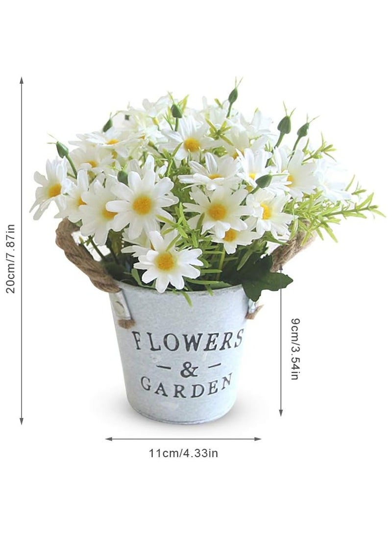 Artificial Flowers with Vase, Artificial Flowers in Pots, Fake Plants With Metal Pot, Plastic Flower, with Vintage Metal Bucket, Beautiful Decoration, for Wedding, Office, Home (White) - Image 2