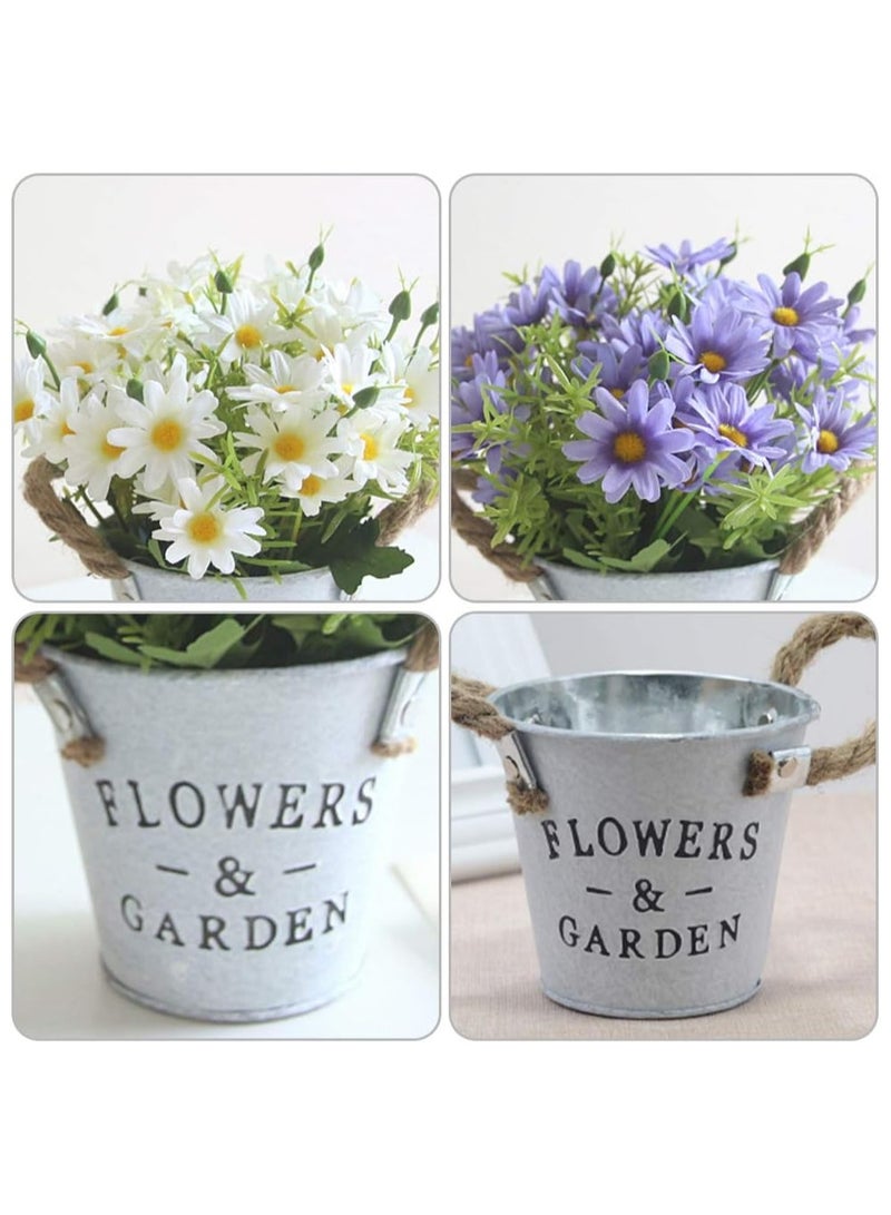 Artificial Flowers with Vase, Artificial Flowers in Pots, Fake Plants With Metal Pot, Plastic Flower, with Vintage Metal Bucket, Beautiful Decoration, for Wedding, Office, Home (White) - Image 3