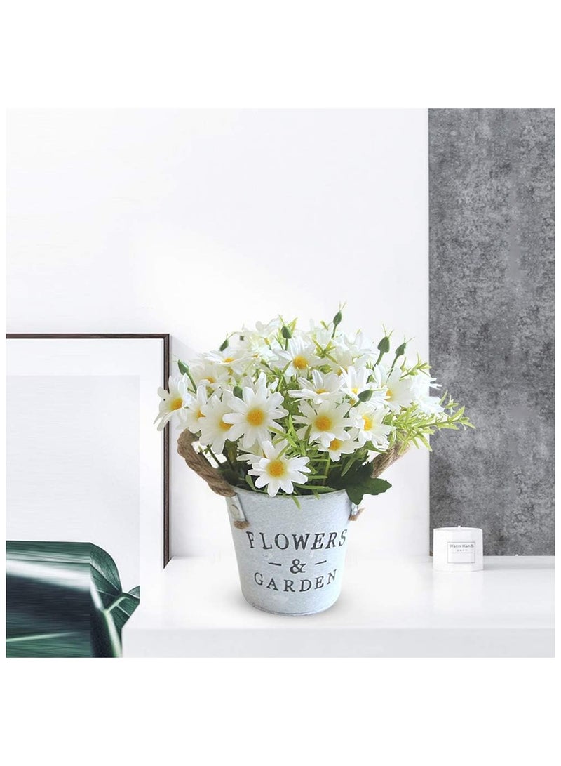Artificial Flowers with Vase, Artificial Flowers in Pots, Fake Plants With Metal Pot, Plastic Flower, with Vintage Metal Bucket, Beautiful Decoration, for Wedding, Office, Home (White) - Image 4