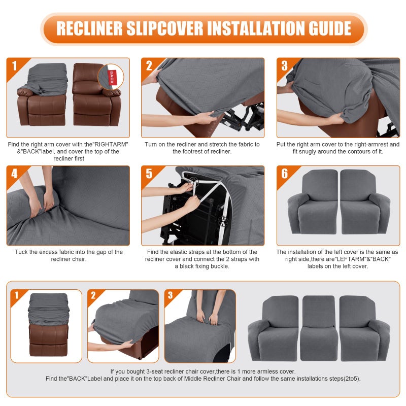 VANSOFY Recliner Cover, 3-Pieces Stretch Reclining Couch Covers with Pockets Reclining Sofa Slipcovers 3 Seater Soft Washable Furniture Protector for Dogs Cats(Dark Gray) - Image 3