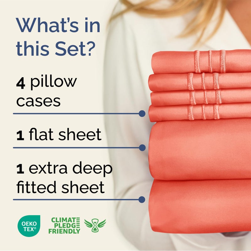 Extra Deep Queen Sheet Set - 6 Piece Breathable and Cooling Sheets - Hotel Luxury Bed Sheets Set - Easy & Secure Fit - Soft  Wrinkle Free and Comfy Sheets Set - Coral Sheet Set with Extra Deep Pockets
