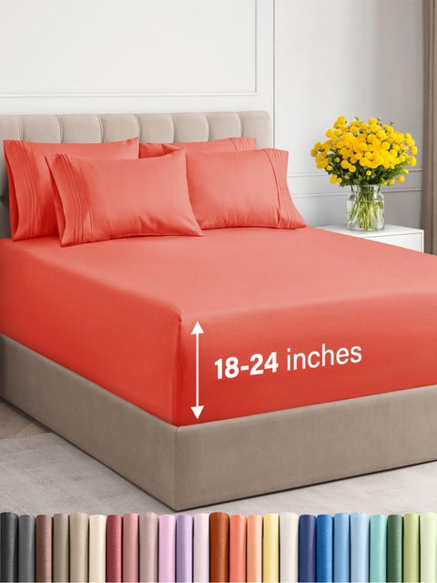 Extra Deep Queen Sheet Set - 6 Piece Breathable and Cooling Sheets - Hotel Luxury Bed Sheets Set - Easy & Secure Fit - Soft  Wrinkle Free and Comfy Sheets Set - Coral Sheet Set with Extra Deep Pockets