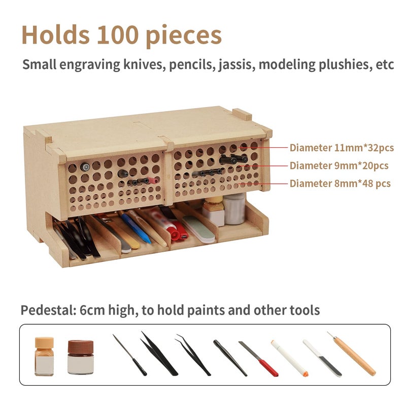Bucasso Wooden Model Kit Tool Storage Rack with 100 Holes, Brush/Paint Organizer with MDF Material, Craft Supplies Storage, Brush/Tool Holder, Suitable for Tamiya/Gundam Tools, GK6 - Image 2
