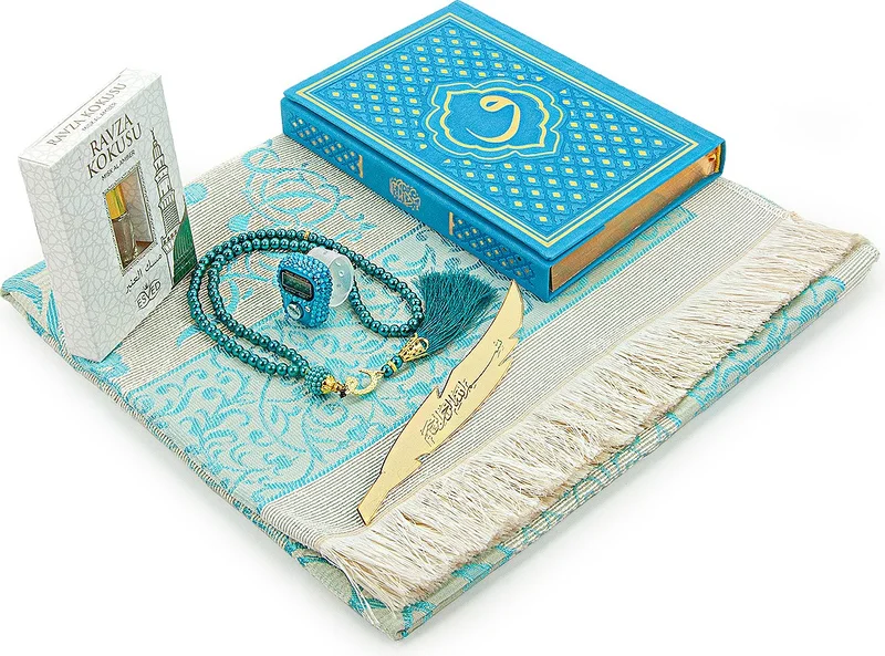 ايهفان Ihvan Blue Vav Patterned Thermo Leather Arabic Quran and Prayer Rug Set