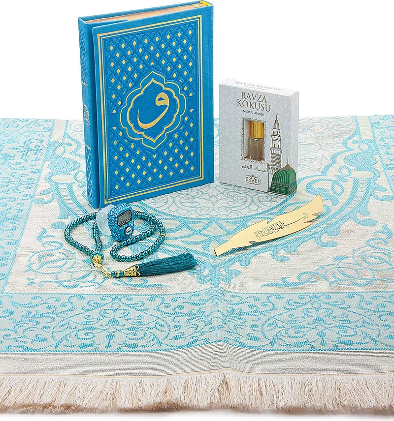 ايهفان Ihvan Blue Vav Patterned Thermo Leather Arabic Quran and Prayer Rug Set