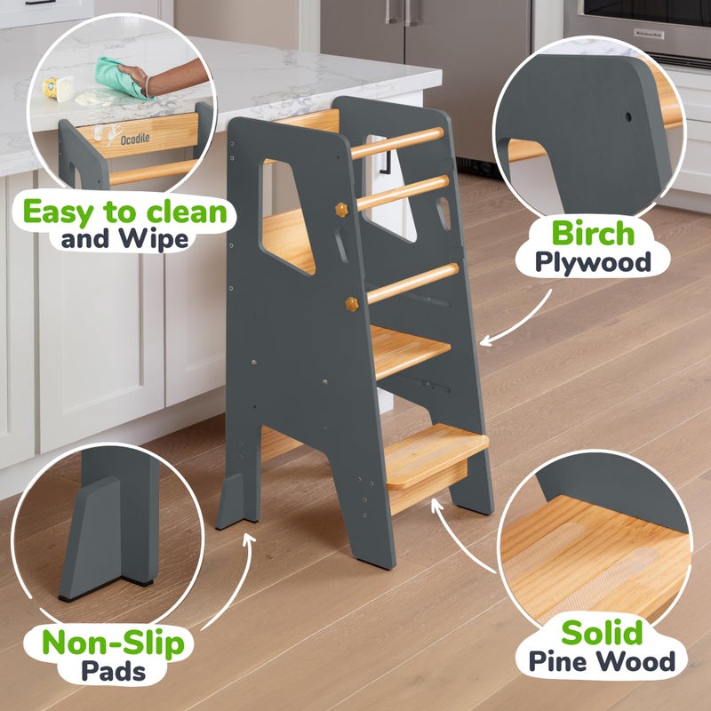 OCODILE Toddler Standing Tower - Adjustable Height Toddler Kitchen Stool Helper - Ideal Kids Kitchen Step Stool for Learning New Skills - Extra Secure with Safety Feet - Gray - Image 3