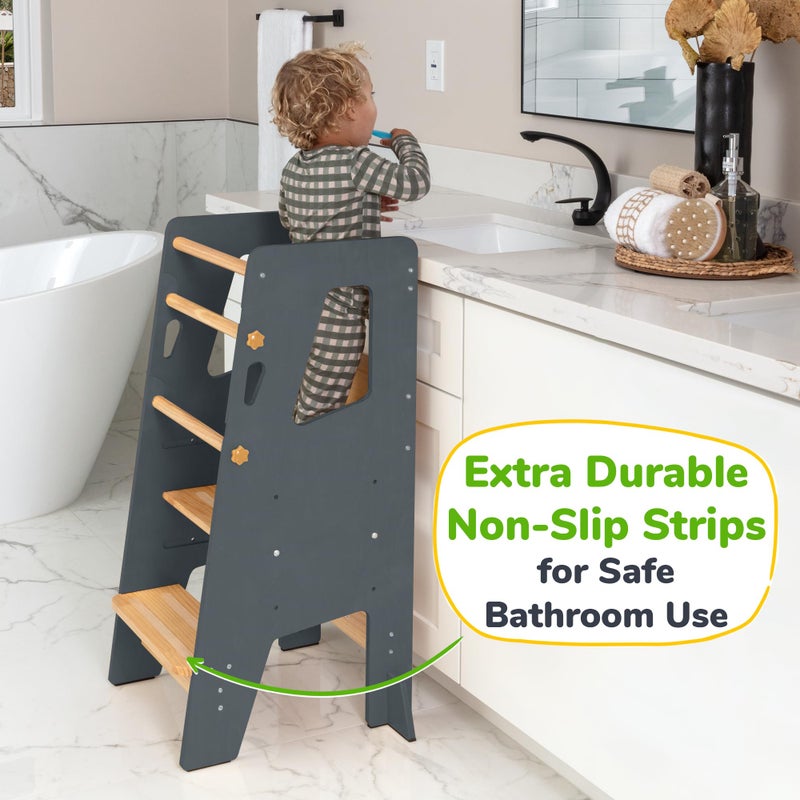 OCODILE Toddler Standing Tower - Adjustable Height Toddler Kitchen Stool Helper - Ideal Kids Kitchen Step Stool for Learning New Skills - Extra Secure with Safety Feet - Gray - Image 4