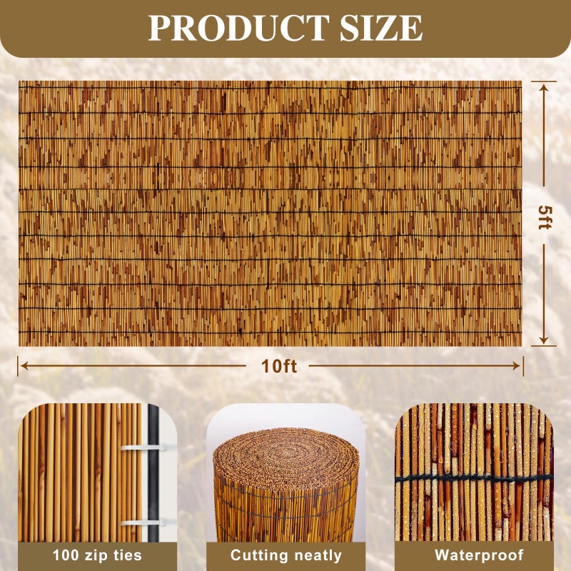 QHAIYYBF Reed Fencing Rolls,Patio Privacy Screen 5 Feet High,Decorative Bamboo Fence Rolls for Patio Balcony Garden Backyard Outdoor,5x10FT - Image 2