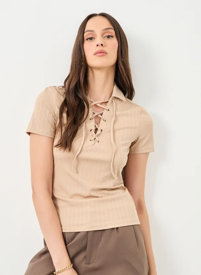 Styli Styli Lace Up Polo Knit Top