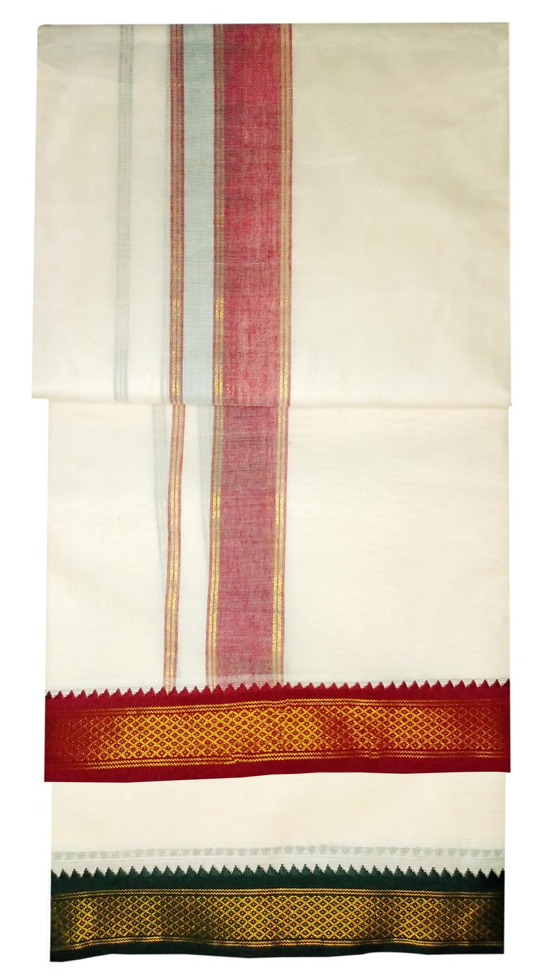 YETTALAN® Mens Traditional Mayilkan 100% Cotton Double Dhoti 1.5 Inch Thalapathy Green and Maroon Color Border - Image 1
