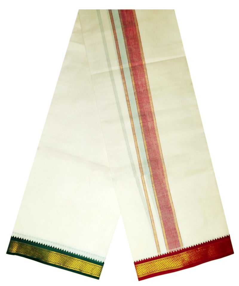 YETTALAN® Mens Traditional Mayilkan 100% Cotton Double Dhoti 1.5 Inch Thalapathy Green and Maroon Color Border - Image 2