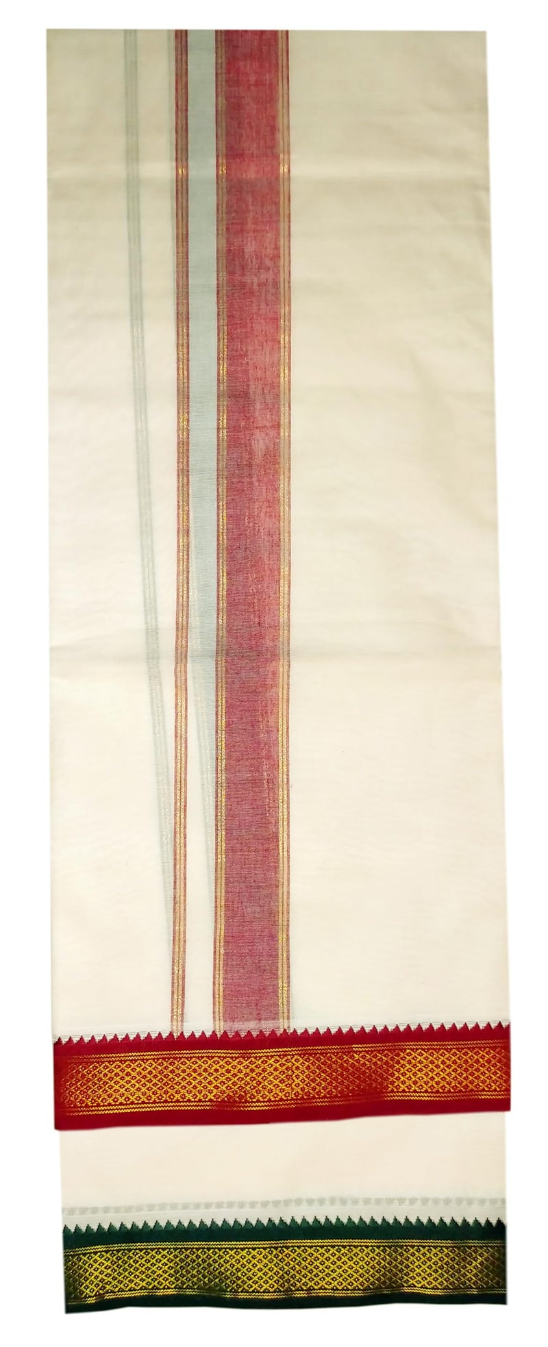 YETTALAN® Mens Traditional Mayilkan 100% Cotton Double Dhoti 1.5 Inch Thalapathy Green and Maroon Color Border - Image 3