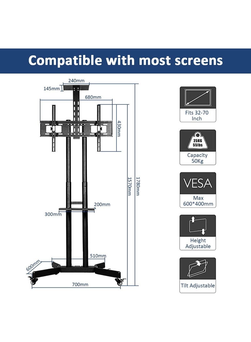 Mobile TV Stand with Wheels for 32–70 Inch Screens – Adjustable Height & Tilt, Media Shelf – Holds up to 50kg - Image 4