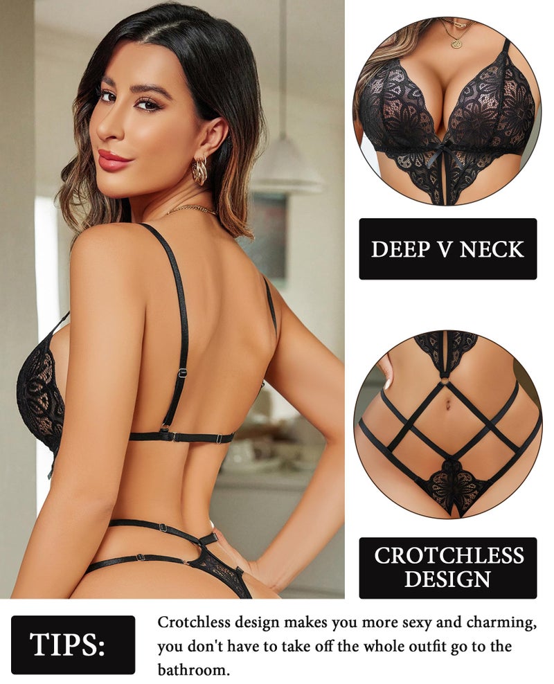 GirlFriend Women Lingeries Deep V Teddy Lingerie Beautiful Lace Bodysuit Cut Out One Piece Mini Babydoll Black - Image 3