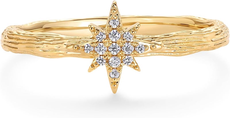 PAVOI 14K Gold Plated Cubic Zirconia North Star Hammered Ring for Women Stackable Thin Band for Women - Image 2