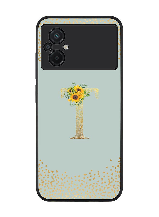 Stylizedd Rugged Black edge case for Xiaomi Poco M5 Slim fit Soft Case Flexible Rubber Edges Anti Drop TPU Gel Thin Cover - Custom Monogram Initial Letter Floral Pattern Alphabet - T (Light Grey ) - Image 1